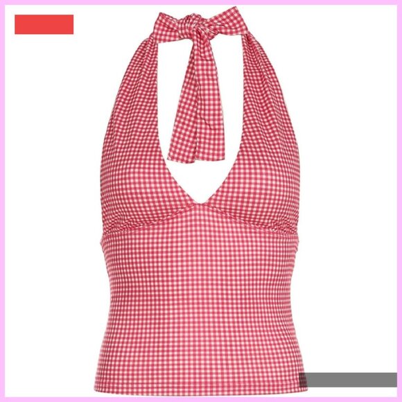 Summer Crop Halter Tank Top Deep V Neck Y2K Coquette Style - Picture 4 of 4